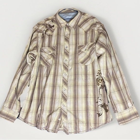 Vintage Wrangler Western Skully Vine Snap Button Shirt Men's 2XL Brown Tan Plaid - Picture 1 of 13
